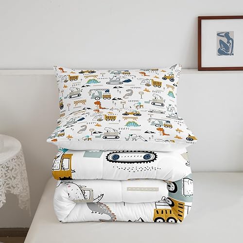 Miniatura 5 de Feelyou Juego de ropa de cama de construcción, tamaño individual, con equipamiento de camiones, para niños y niñas, decoración de dinosaurios,