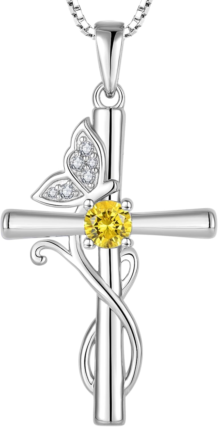 STARCHENIE Butterfly Cross Necklace 925 Sterling Silver Crucifix Pendant Birthstone Jewelry for Women