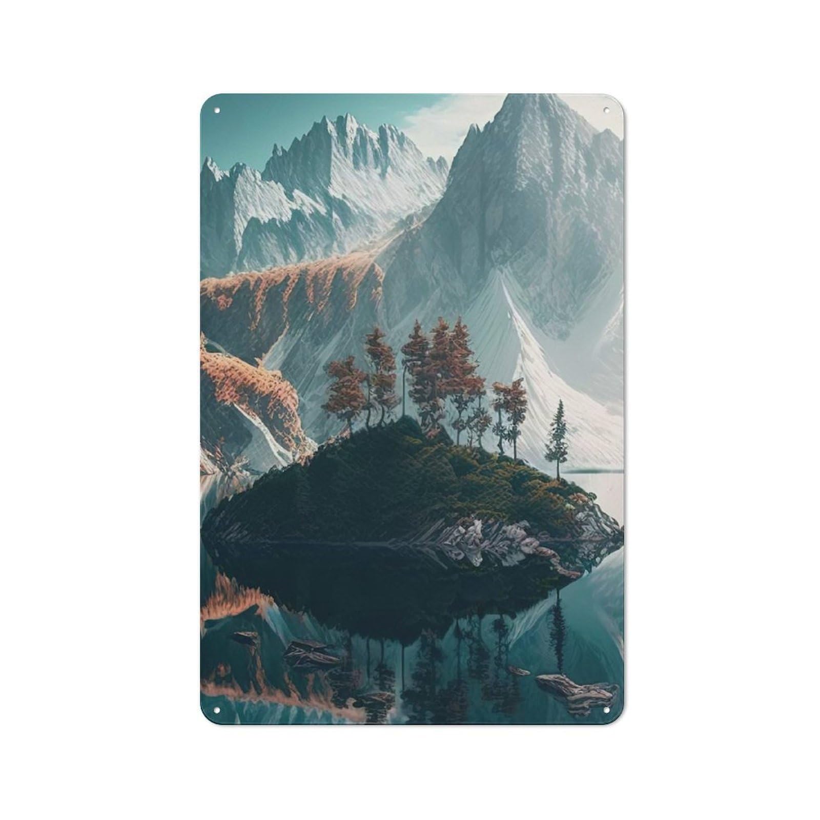 Metal Wall Sign 30x20cm Featuring Mountain Lake Landscape for Café Or Restaurant, A Decorative Metal Sign for Cafés And Restaurants