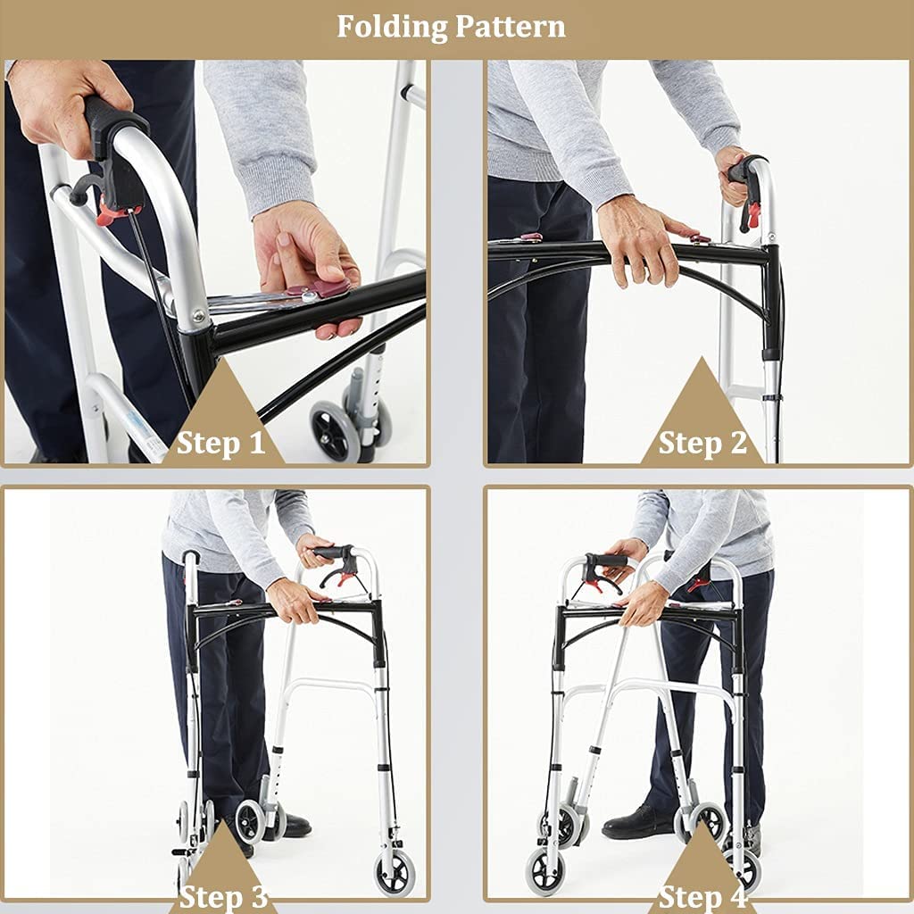 Andador con Ruedas Plegable Ajustable con Respaldo y Asiento, Ayuda para Caminar de Movilidad Ligera de Aluminio para Personas Mayores y Mayores
