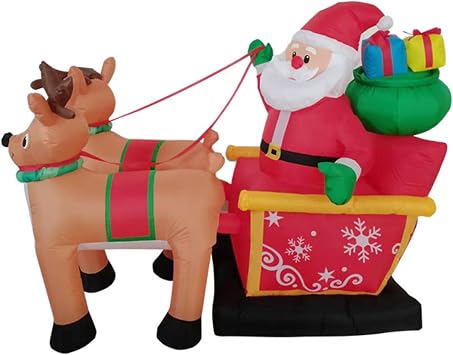 5FT Christmas Inflatable LED Lighted Santa on Red Sleigh with Two Reindeers and Gift Boxes Blow up Outdoor Yard Decoration