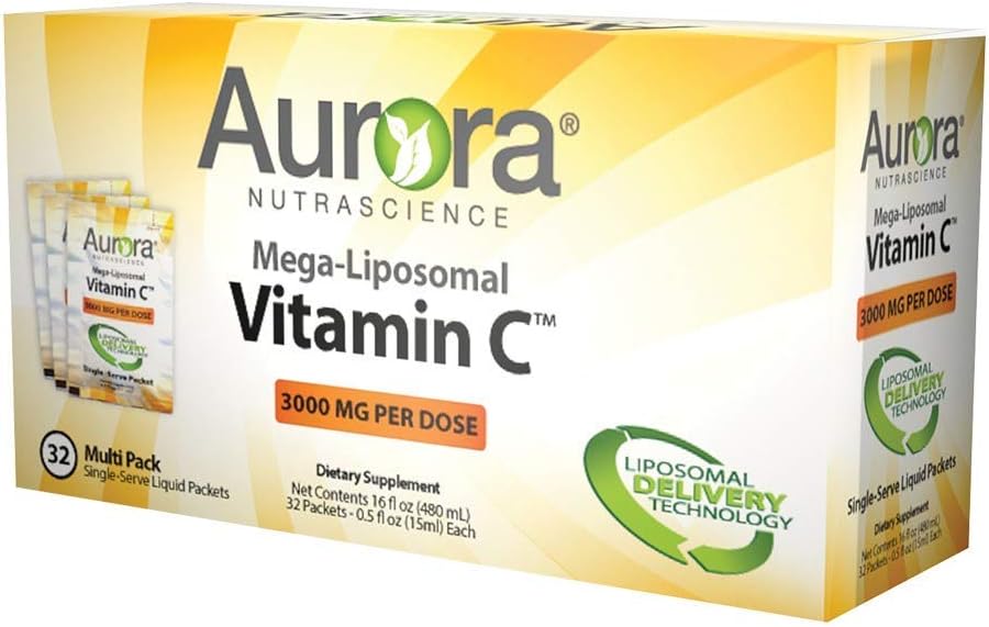 Aurora Nutrascience, Mega-Liposomal Vitamin C, 3,000 mg Per dose, Gluten Free, Non-GMO, Sugar Free, Organic Fruit Flavor, 32 Single-Serve Liqud Packets, 0.5 fl oz (15 mL) Each