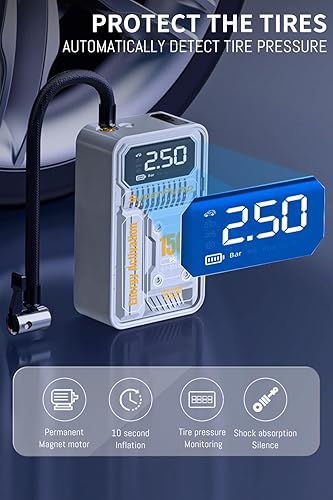 Miniatura 4 de Inflador de neumáticos, compresor de aire portátil, luz LED y función de apagado automático, bomba de aire inalámbrica 5 veces más rápida de 150 PSI
