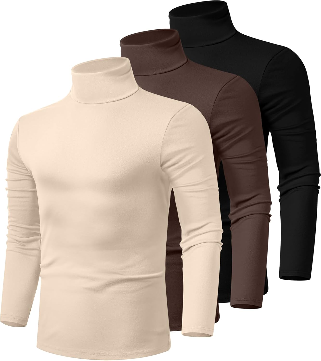 Ficerd 3 Pack Men's Turtleneck Shirts, Long Sleeve Cotton Pullover Sweaters Mock Neck Knitted T-Shirt Basic Slim Fit Tops