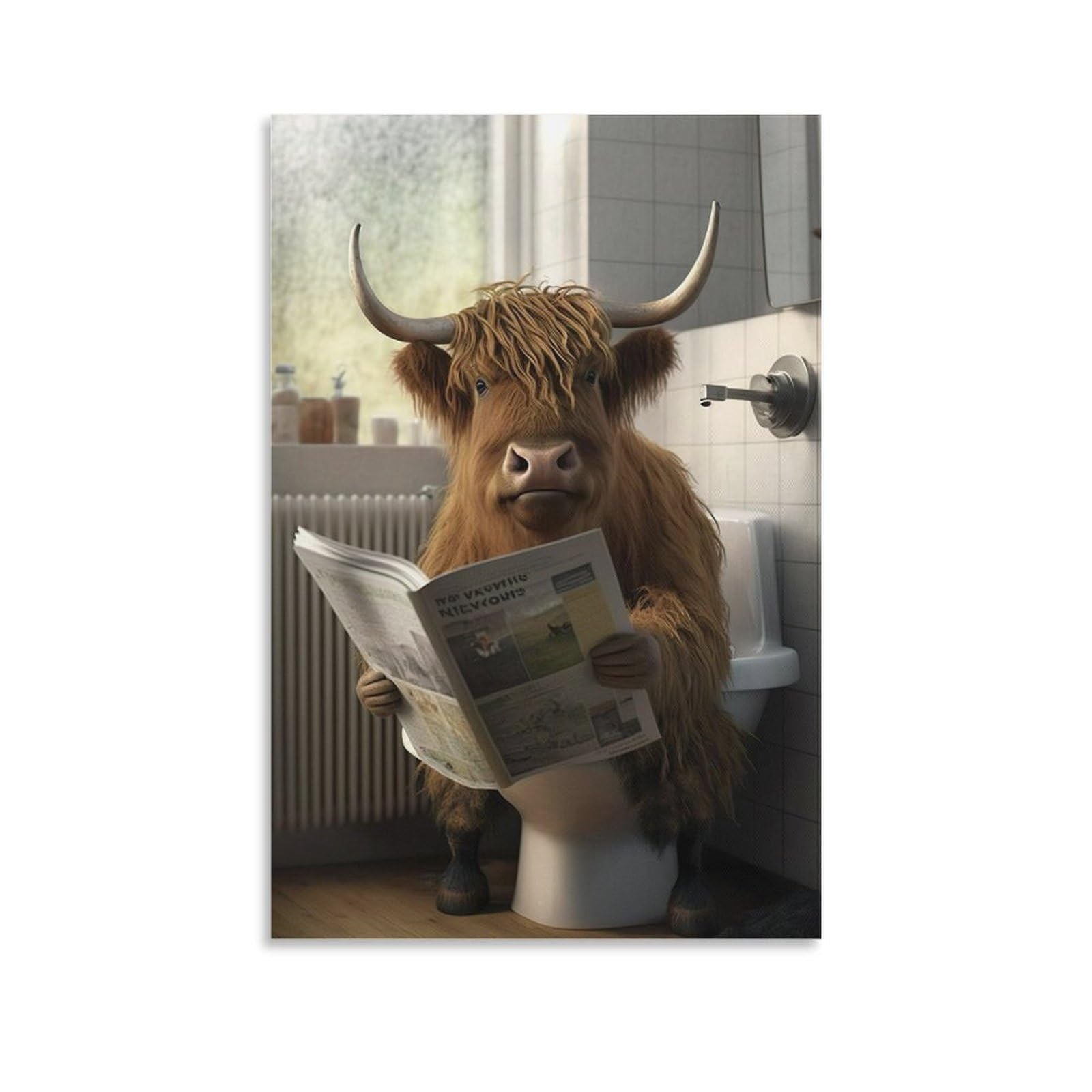 Fupmtklt Unframe-Style Highland Cow Sitting On The Toilet Reading A Newspaper Poster Funny Bathroom Wall Decor Funny Animal Poster Posters For Toilet Canvas Poster Wall Art Decor Print Picture Paintings For Living Room Bedr