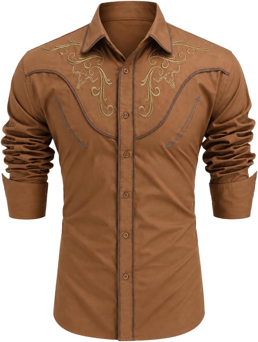 COOFANDY Men's Cowboy Shirtss Embroidered Rose Design Shirts Western Long Sleeve Button Down Shirts