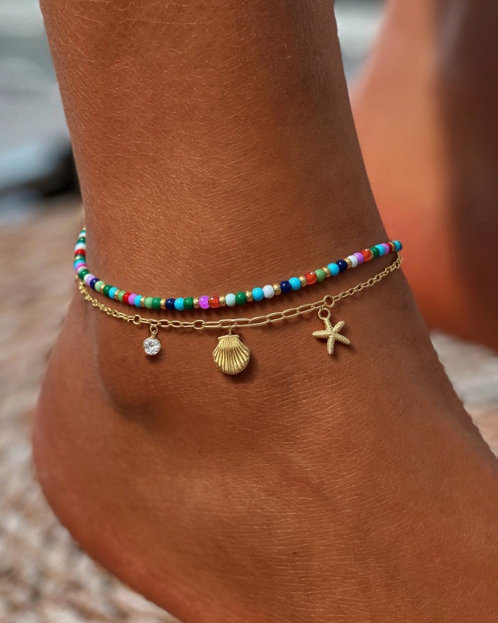 2/3 PCS Gold Anklets for Women Waterproof Boho Starfish, Seashell, Heart & Butterfly Charms Ankle Bracelets Non Tarnish Adjustable Layered Cuban Beaded Foot Chain Beach Jewelry for Summer Vacations - Image 2