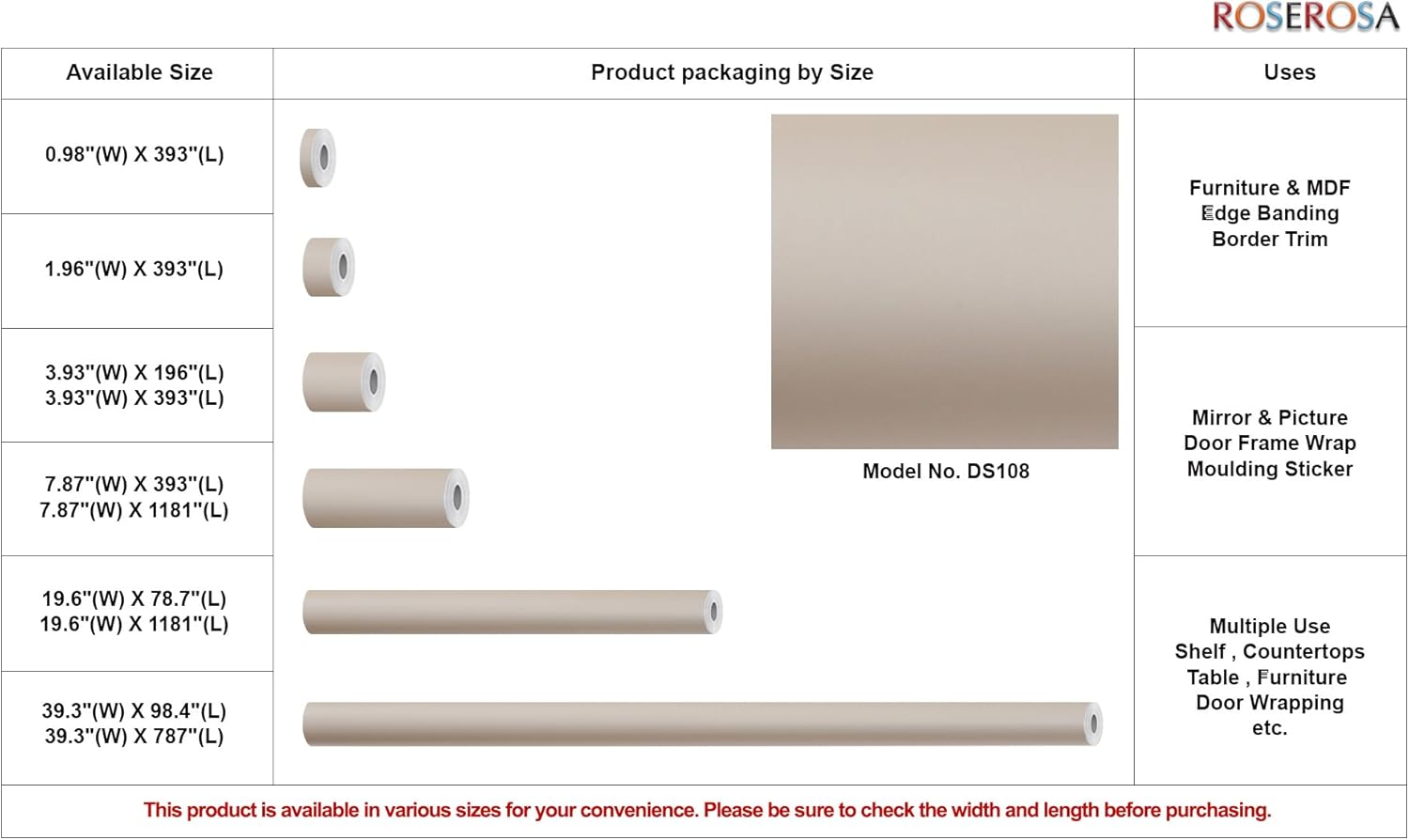 ROSEROSA Peel and Stick Matt Solid Architectural Film Self-Adhesive Vinyl Film Wallpaper Door Wrap Counter Top Border Mirror Molding Trim DS108