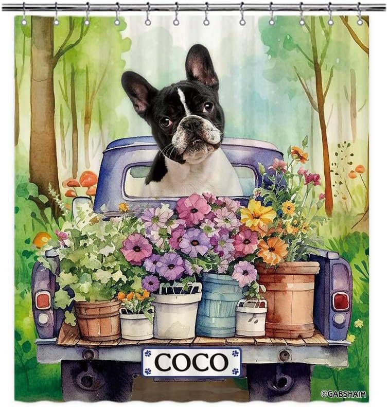 Custom German Shepherd Dog Flowers Spring Summer Shower Curtain Funny Dog Drive a Truck in Forest Bath Curtain Bathroom Home Decor 72x72 Inch