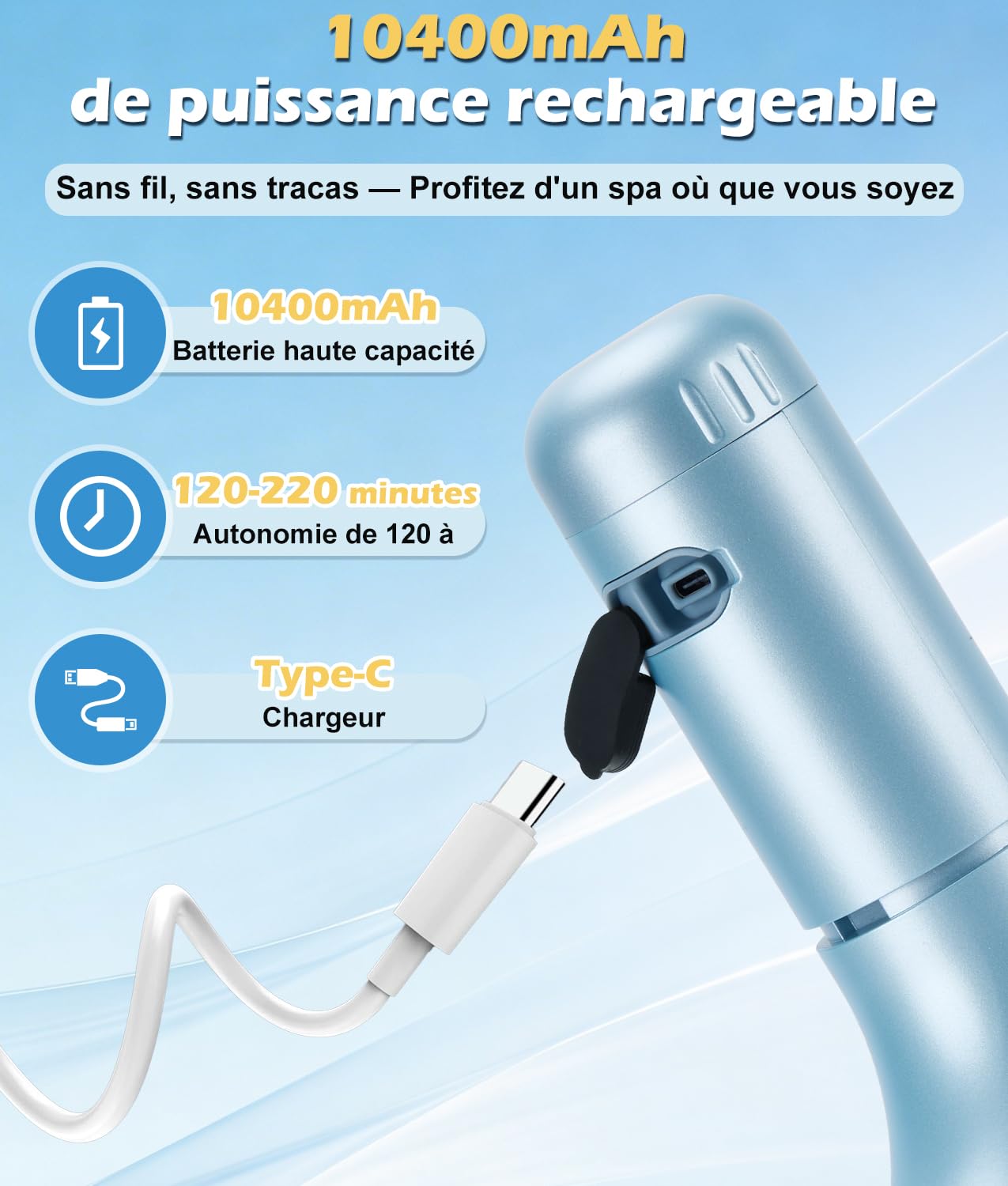 PAHTTO Jet Spa pour Baignoire, Accessoire Portable pour Baignoire avec 5 Vitesses réglables, Mode Jet de Bain/Bulle pour Un Spa à Domicile et Une détente optimale (Bleu)