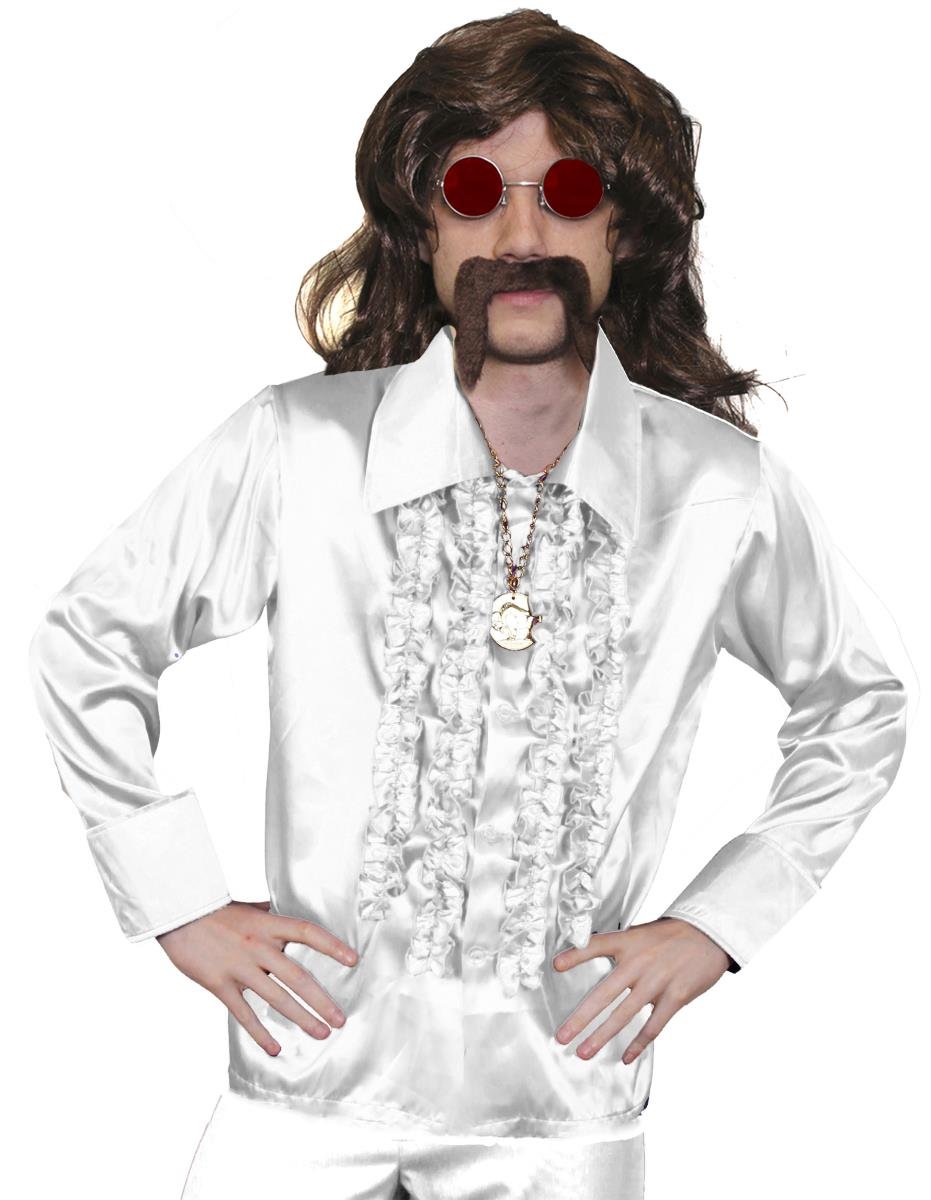 Mens 70s Disco Fancy Dress Costume - Mens Long Brown Wig, White Disco Shirt, Gold Medallion, Red Coloured Glasses + Brown Moustache - Funky Fancy Dress Costume - White Shirt (Xx-large)