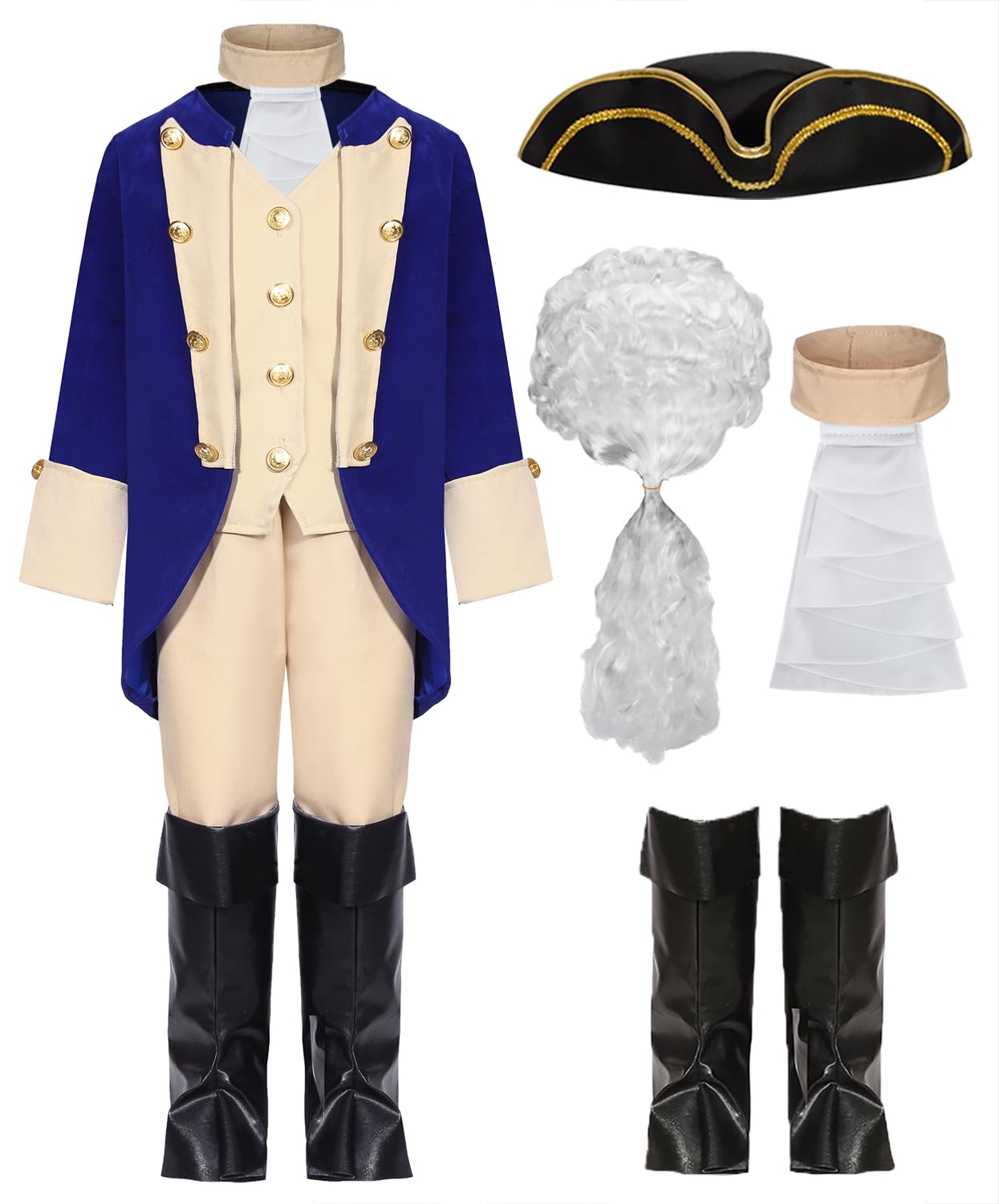 RKKVQP George Washington Costume Kids Boy Founding Father Costume Outfit Hamilton Cosplay American Colonial Uniform with Wig