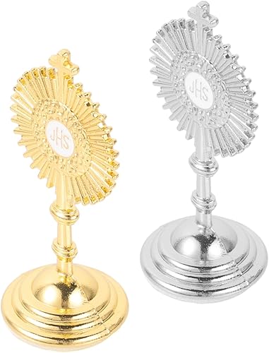 Miniatura 2 de EXCEART Juego de crucifijos de metal de pie de 2 piezas con base, decoración religiosa católica, estatua de cruz de Jesús para el hogar, altar,