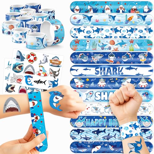48PCS Shark Party Favors - 24PCS Tattoos & 24PCS Slap Bracelets - Ocean-Themed Birthday Supplies, Undersea Decorations, Classroom Prizes, Gifts for Boys & Girls