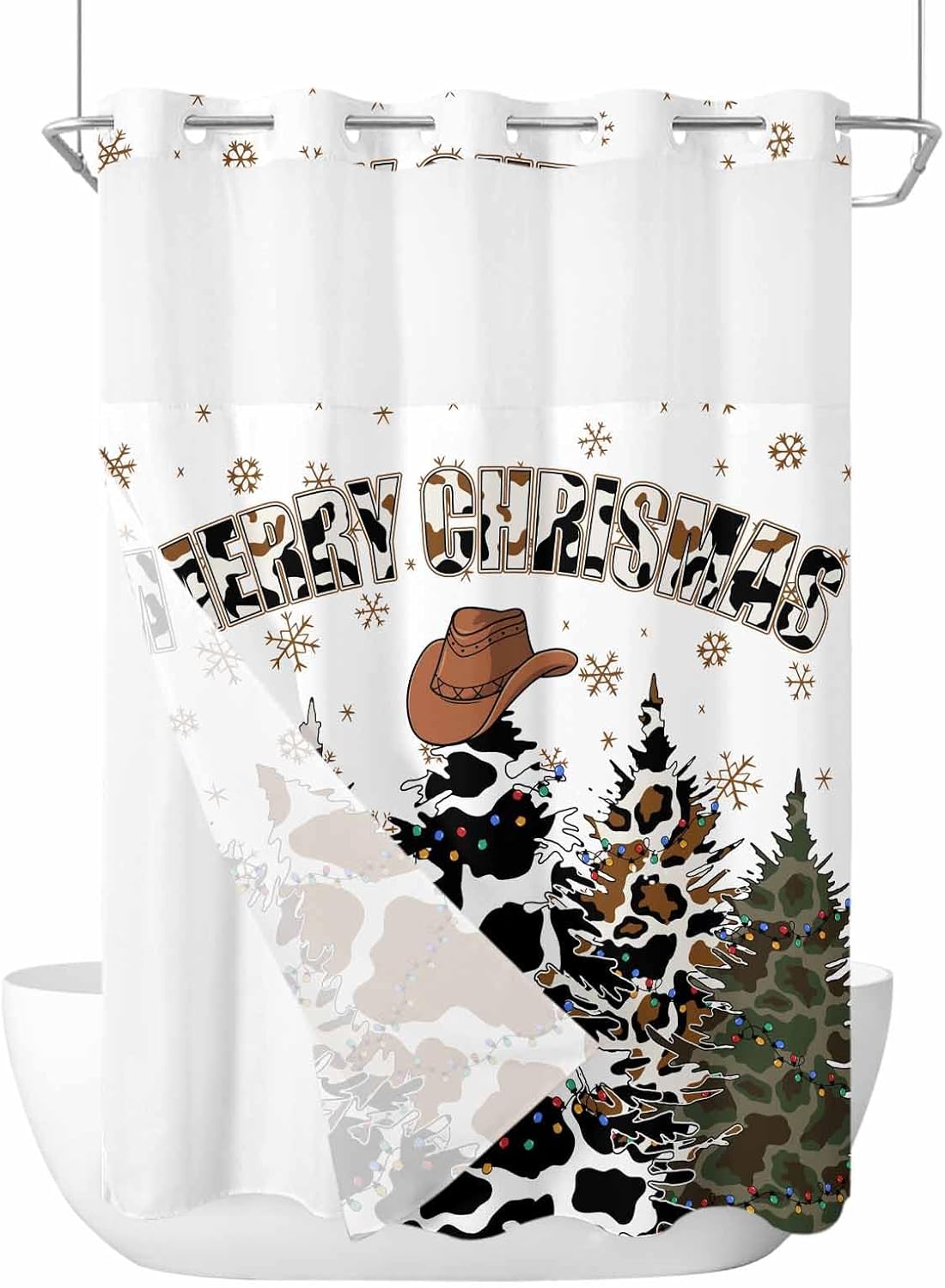 No Hook Shower Curtain with Snap in Liner,Western Christmas Cow Texture Tree Waterproof Bath Curtain with See Through Top Window,Merry Xmas Quote Winter Snow Shower Curtains for Bathroom,48x72in