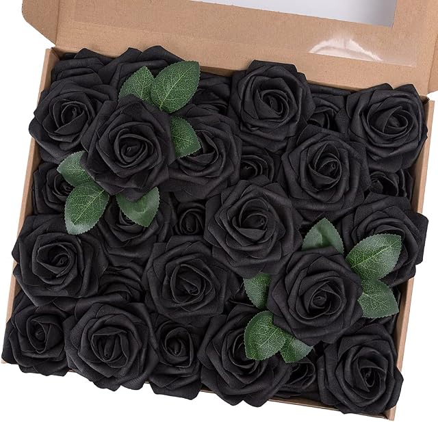 N&T NIETING Artificial Flowers Roses, 30Pcs Real Touch Foam Roses for DIY Wedding Bridal Bouquets Baby Shower Party Mother's Day Valentine's Day Home Decoration (Black 2)