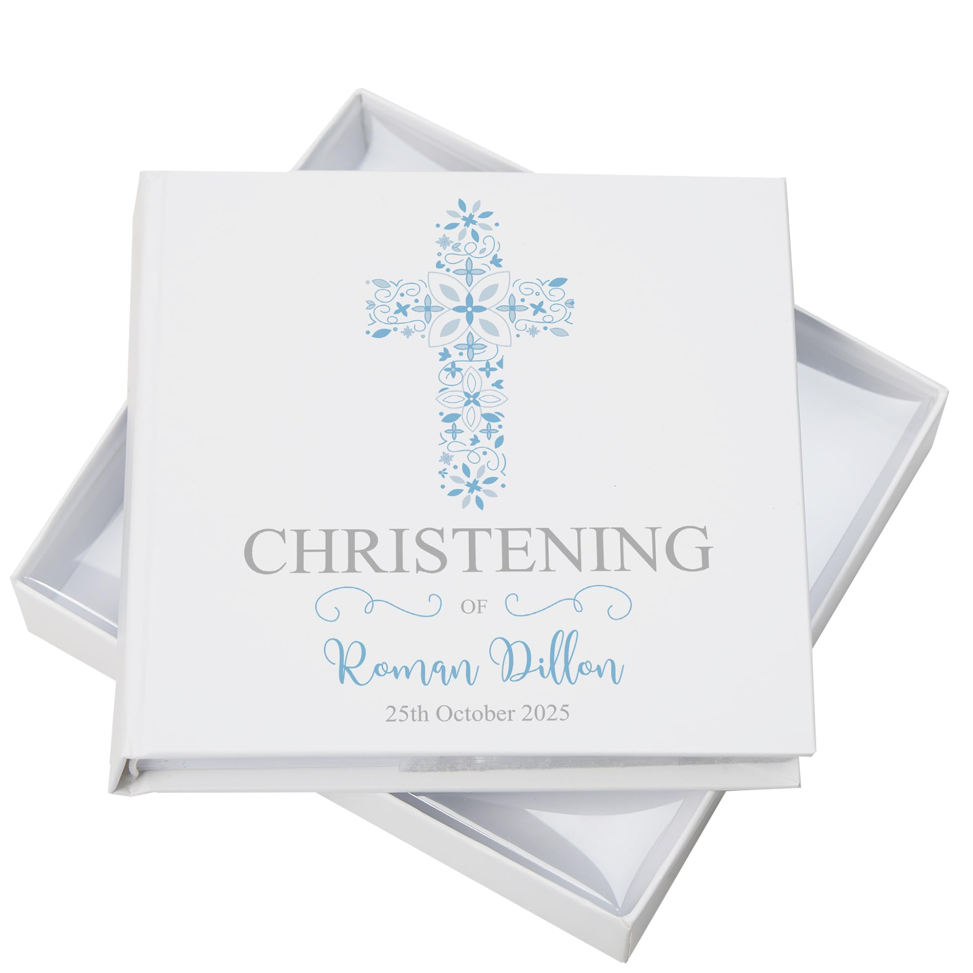 Ukgiftstoreonline White Personalised Christening Blue Ornate Cross Design Photo Album