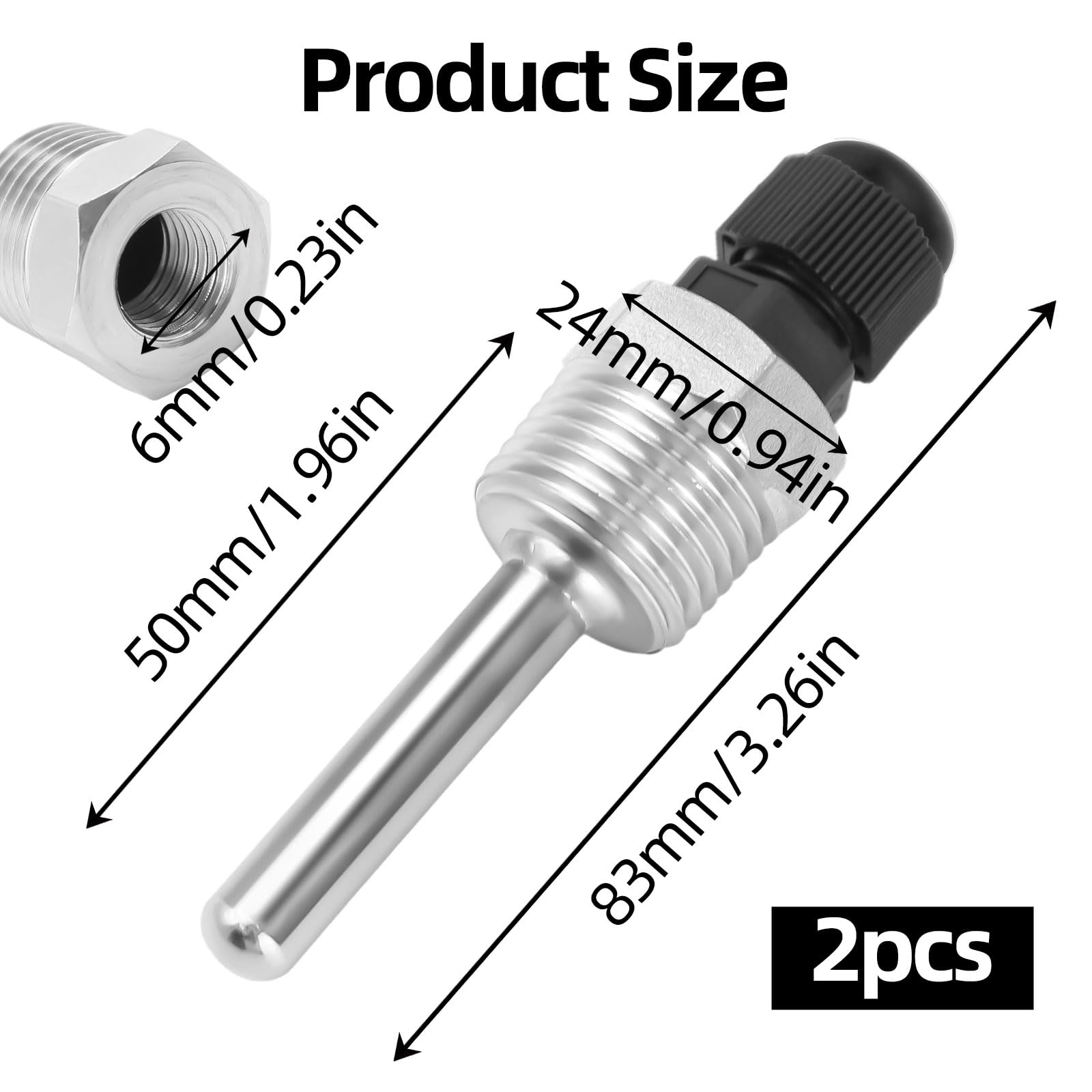 2 manicotti sommergibili in acciaio inox da 1/2", 8 × 50 mm, Thermowell, tubi di protezione per immersioni, termocoppie, sonda di temperatura, in acciaio inox, per sensore di temperatura