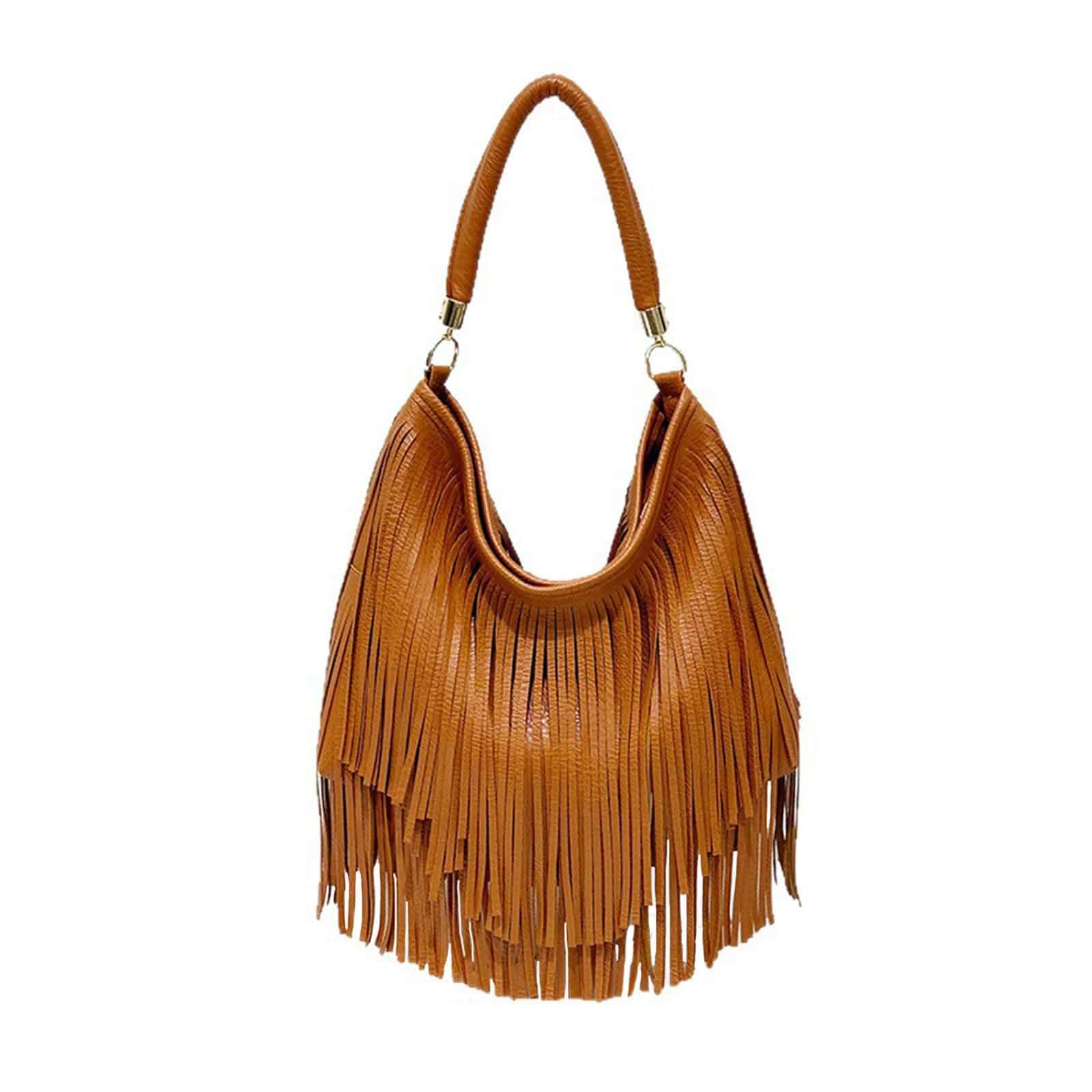 CORIOS Bohemian Fringe Leather Shoulder Bag for Women Dual-Side Tassel Handbag Underarm Purse Soft PU Leather Top Handle Bag