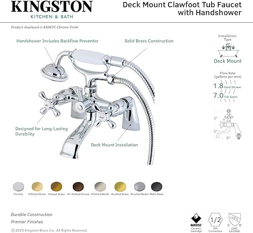Miniatura 2 de Elements of Design Nuvo Elements of Design ES2675X Charleston - Relleno de bañera con patas de garra para montaje en cubierta con ducha de mano,