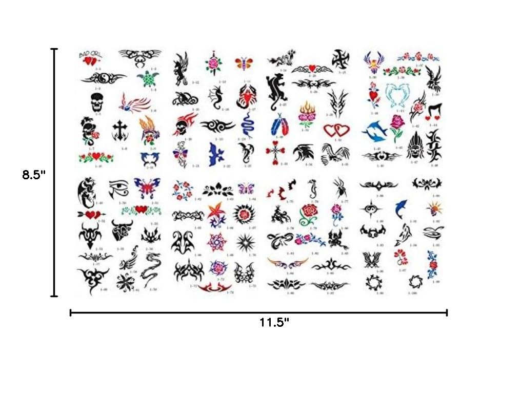Master Airbrush Tattoo Stencils Set Book #1 Reuseable Tattoo Template Set, Book Contains 100 Unique Stencil Designs - Vinyl Sheets with a Self Adhesive Backing