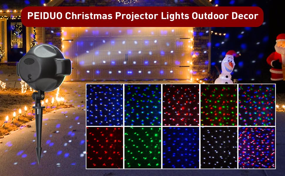 PEIDUO Outdoor Christmas Projector Lights – Multicolor Rotating Snowfall With 10 Color Combos, RF Remote, 5000 Sq Ft Coverage, IP44 Waterproof