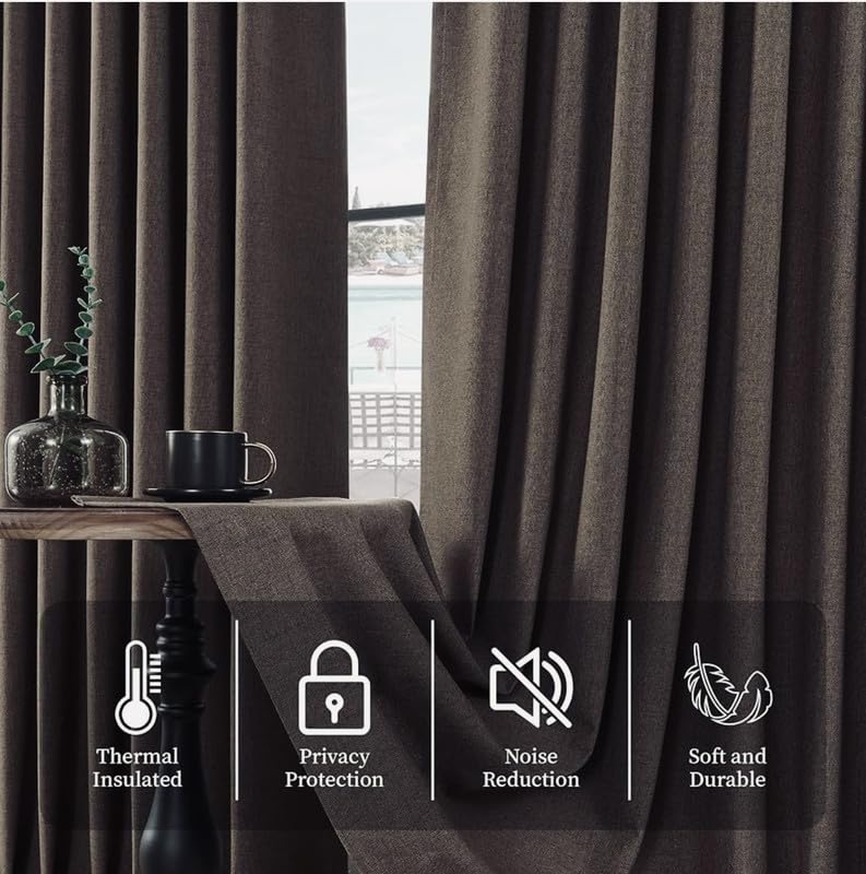 Image of WWW.THROWPILLOW.IN 52 inch Width 100% Blackout Window Curtains 5.5 Feet Long Set of 2 for Living Room, Bedroom, Heavy Faux Brown Linen Textured Rod Pocket Curtains(with Black Out Lining, 5.5 Foot)