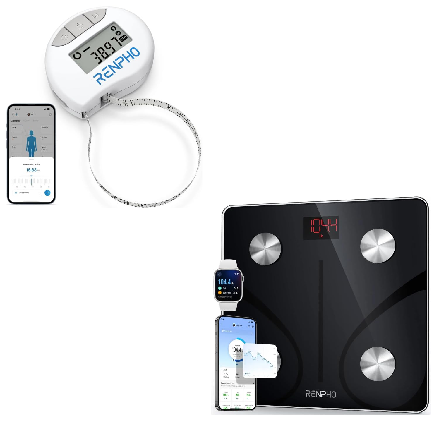 RENPHO Body Fat Scale and RENPHO Smart Tape Measure Body via Bluetooth Smartphone App