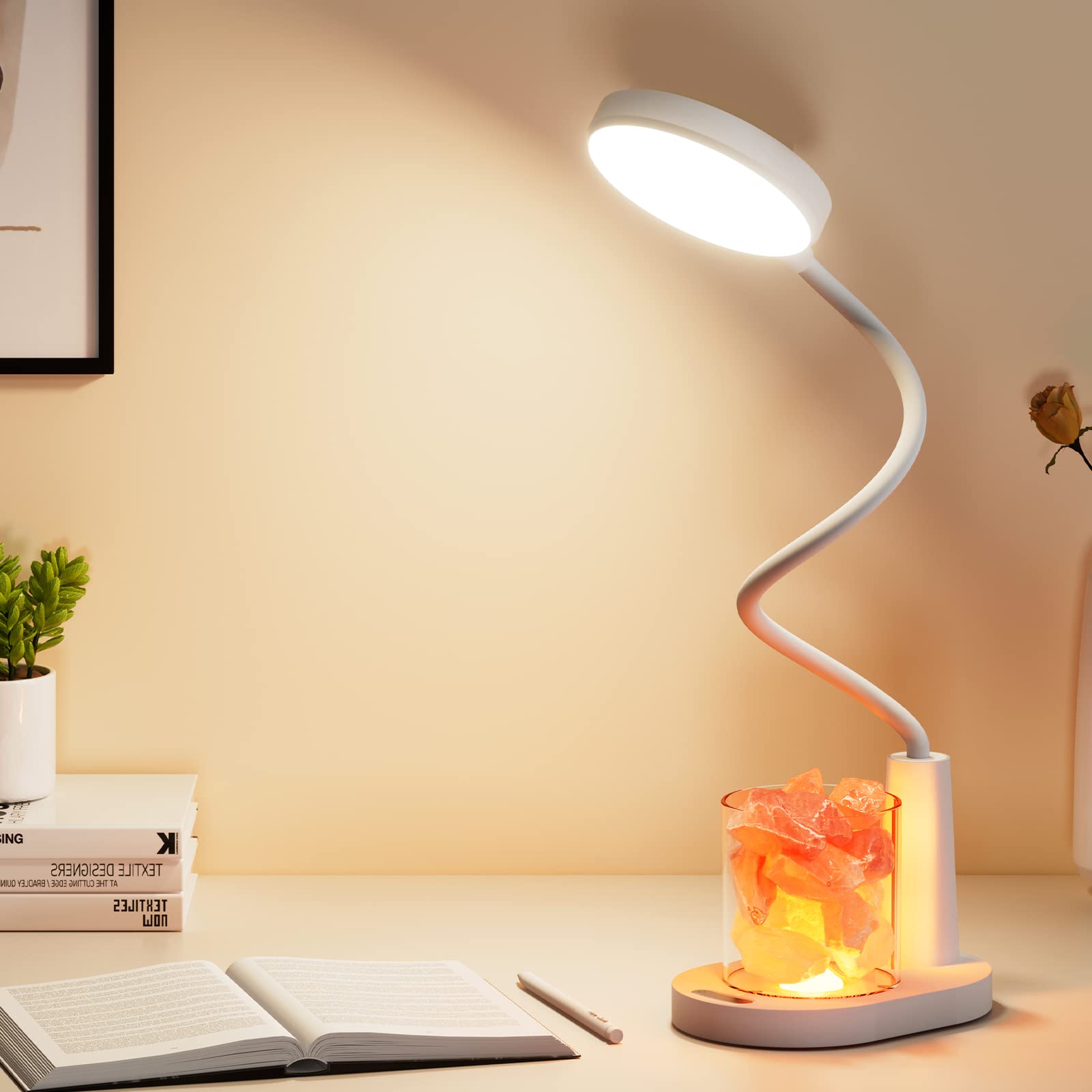 Small LED Desk Salt Lamp - Battery Operated Cordless 3 Color Modes Stepless Dimming Reading Desk Lights for Home Office, 7 RGB Lights & Night LightLamp Flexible Gooseneck Pen Holder Table Lamp Gifts…
