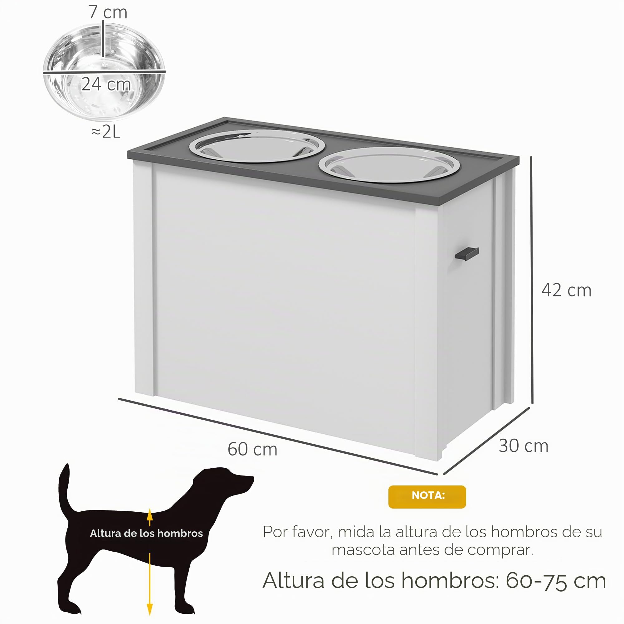 Comedero para perros PawHut, estación de alimentación para perros con espacio de almacenamiento, bebedero, soporte para comederos con cuencos de acero inoxidable de 2 litros, soporte para comederos de | Cuenco para agua, 2 cuencos de acero inoxidable de 2