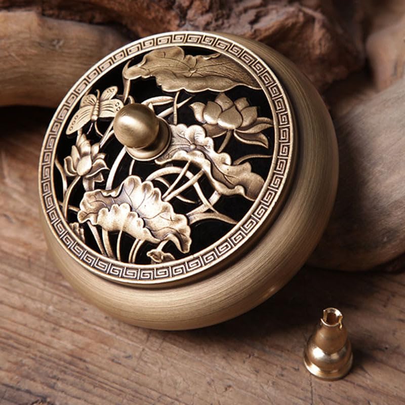 LIZEALUCKY Incense Holder Burner, Copper Backflow Incense Burner Vintage Incense Stick Cone Coil Holder with Fireproof Cotton Buddha Decorations for Frankincense Room Home Decor Yoga Spa Madiation