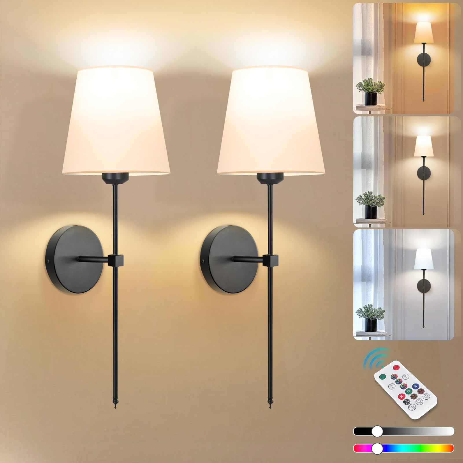 Battery Operated Wall Sconces, Set Of 2, No Cable Required, Battery Wall Lights With Remote Control, Wall Mounted For Bedroom, Includes Charger, 6 Rechargeable Batteries - View #9