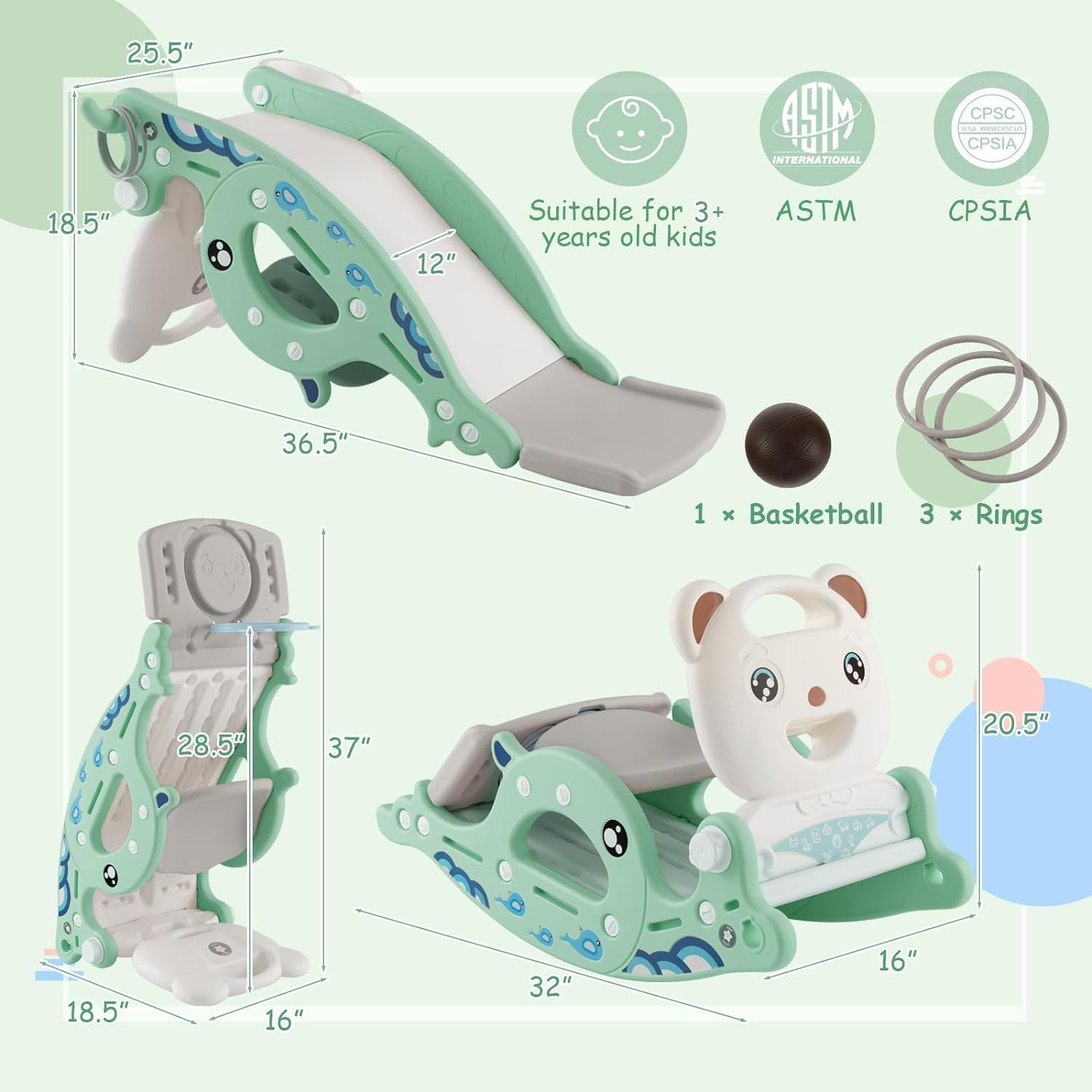 Costzon 4 in 1 Toddler Slide Rocking Toy, Slide for Kids with Basketball Hoop and Ring Game, Rocking Horse, Foldable Climber Playground Slide for Both Indoors Outdoor Use (Green Ocean)