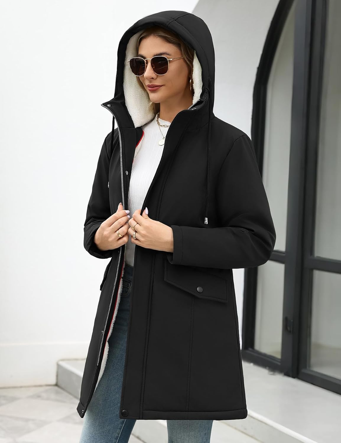 Women's Winter Rain Jackets Water-Repellent, Warm Fleece Lined Winter Rain Coats with Adjustable Hood & Hidden Pockets - Image 8