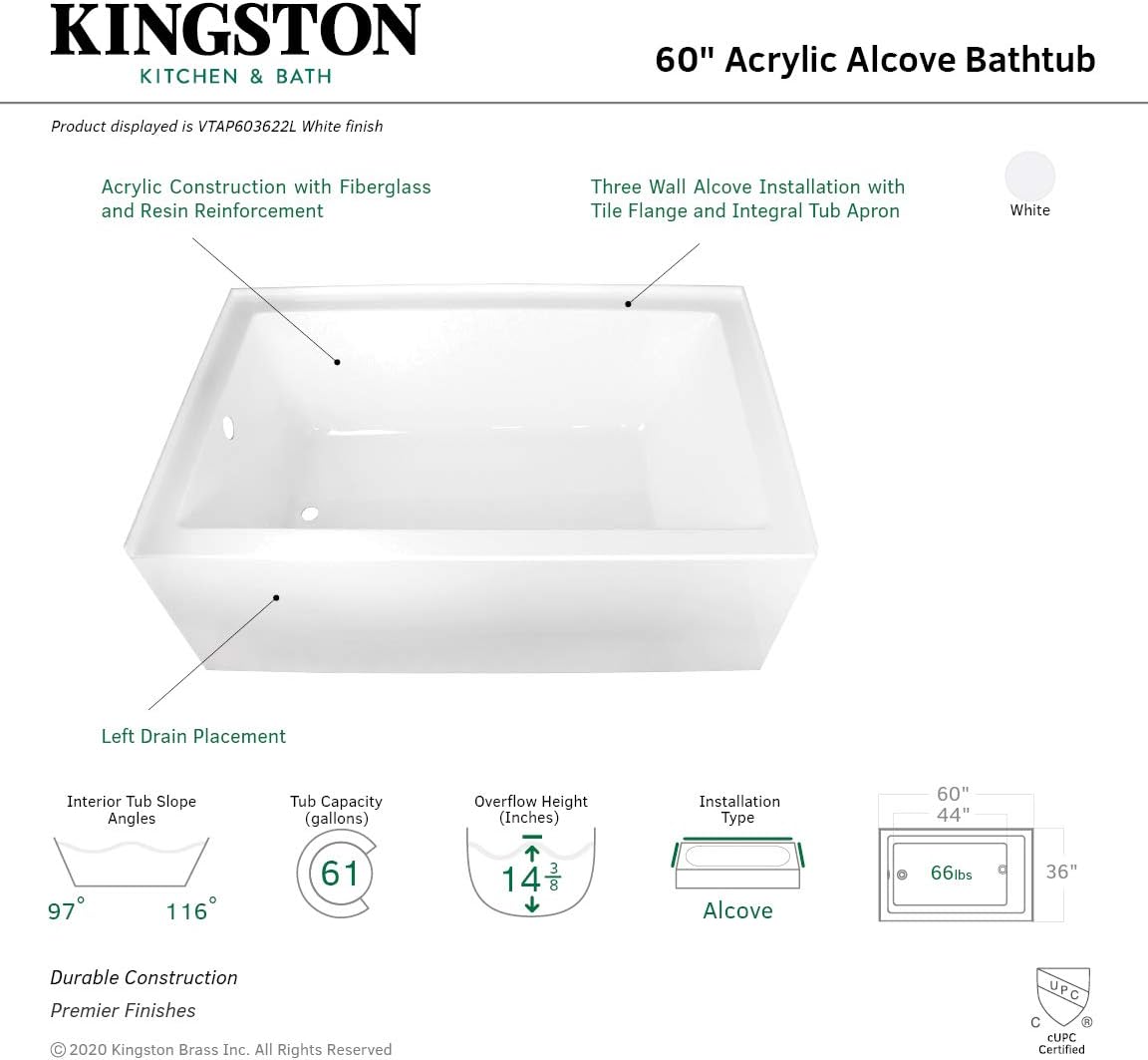 Kingston Brass Aqua Eden VTAP603622L 60-Inch Acrylic Alcove Tub with Left Hand Drain, White - Image 11
