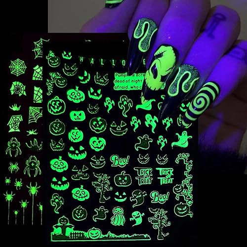 Miniatura 8 de Calcomanías de uñas de Halloween, que brillan en la oscuridad, calcomanías de uñas luminosas 3D, autoadhesivas, calabaza, calavera, murciélago,