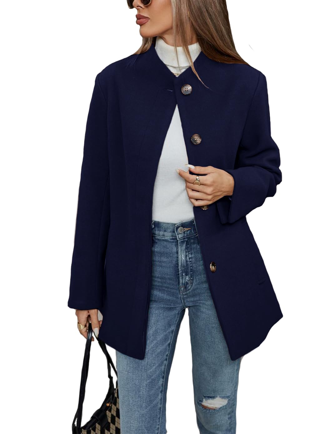 Haellun Womens Winter Placket Coat Casual Wool Blend Pea Coat Single Breasted Trench Coat Overcoat
