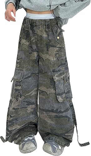 Girls Camouflage Overalls Trousers High Elastic Waist Wide Leg Cargo Pants Multiple Pocket Baggy Hip Hop Joggers(Ag,9-10 Years)
