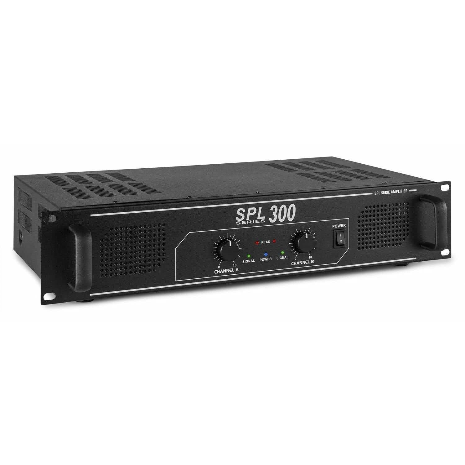 SkyTec SPL300 PA Verstärker Endstufe 300 Watt, mit 3-Band-Equalizer, 3 Kanal Input, Chinch, AUX, ideal für kleine DJ Boxen, Clubs, Bars und Gastronomie, Schwarz