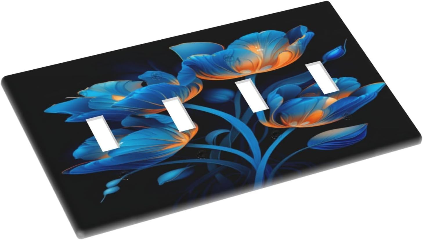 Blue Elegant Tulip Flowers Modern Minimalist Floral Quad Toggle Light Switch Covers Decorative 4 Gang Wall Plate Electrical Switch Plates Cover Dimmer Faceplate for Living Room Bedroom Decor