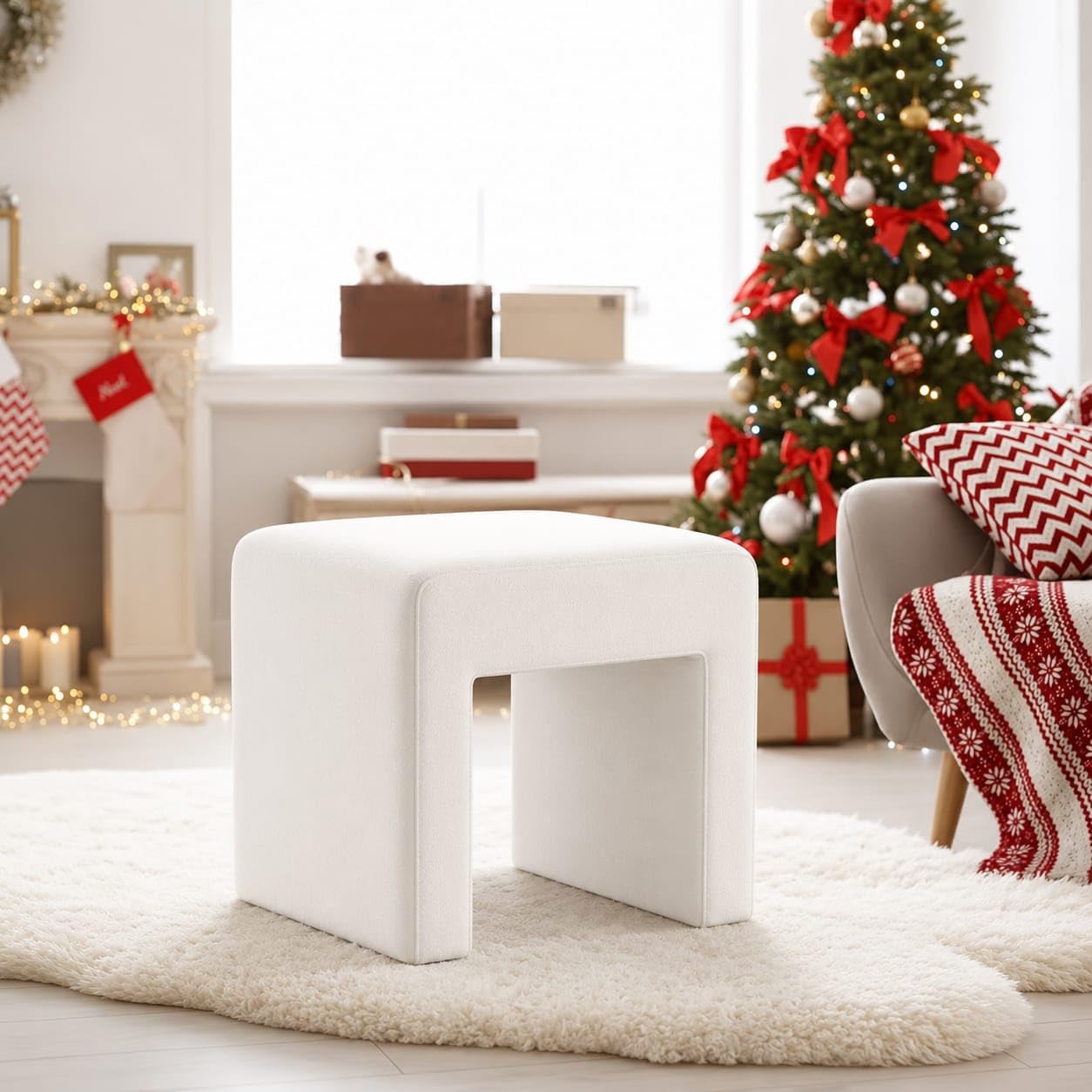 Kundi Modern Boucle Vanity Stool Chair with Wooden Legs – Soft Ottoman Footstool for Makeup Room, Living Room, Entryway & Office (White) (White)-image-14