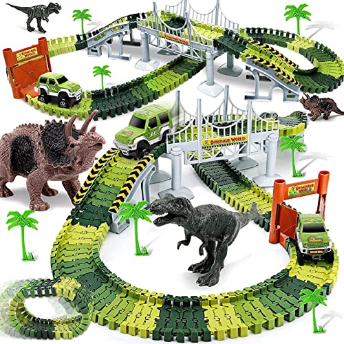 Dinosaur Toys for 3-7+ Year Old Boys Girls Flexible Tracks Race Car Set World Road Race Birthday Gift for Kids Aged 3-5