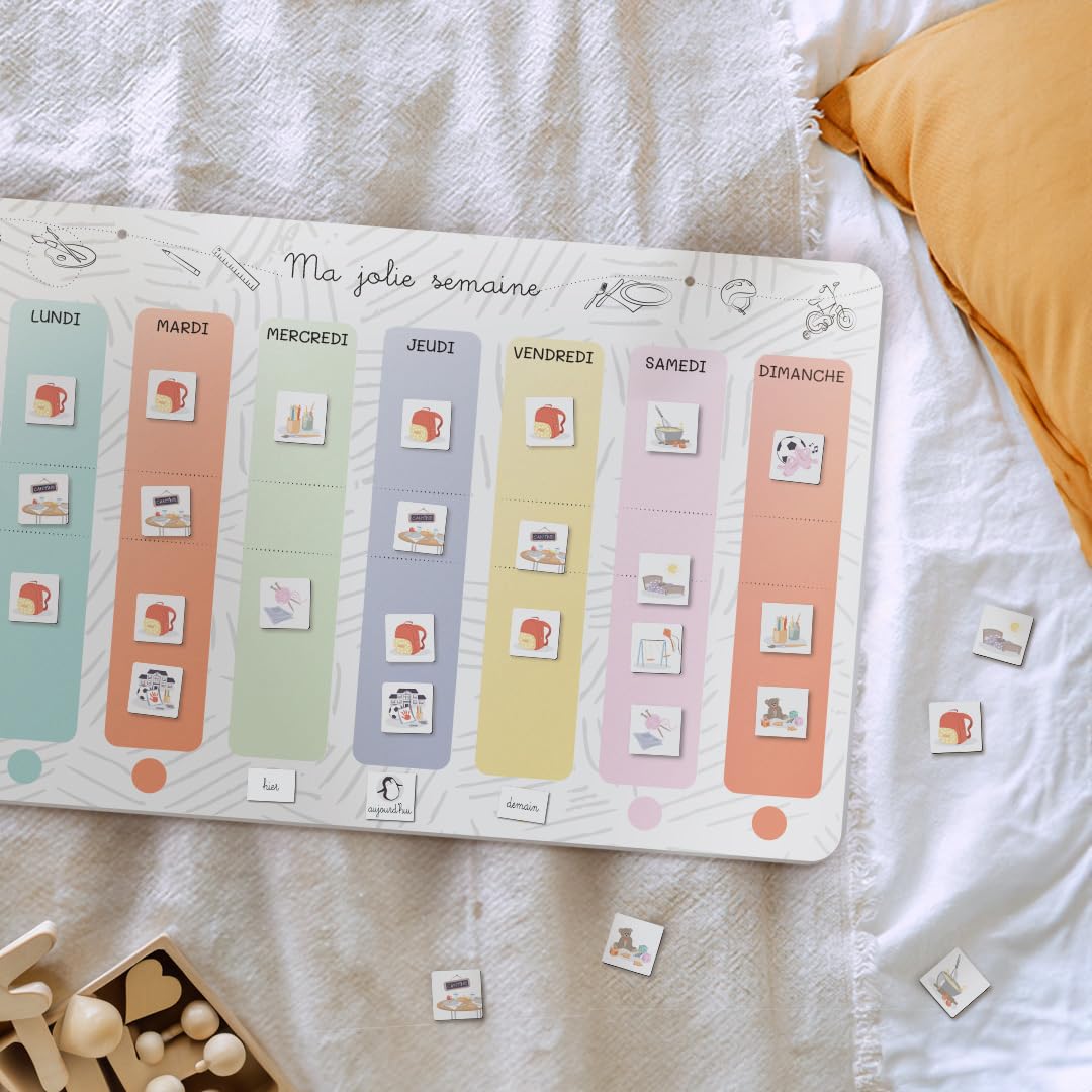 L’atelier gigogne- Semainier enfant-Calendrier Éducatif Montessori 3-8ans-1 plateau magnétique-64 magnets-Routine-planificateur semaine- organisateur -Fabriqué en France-SEMA