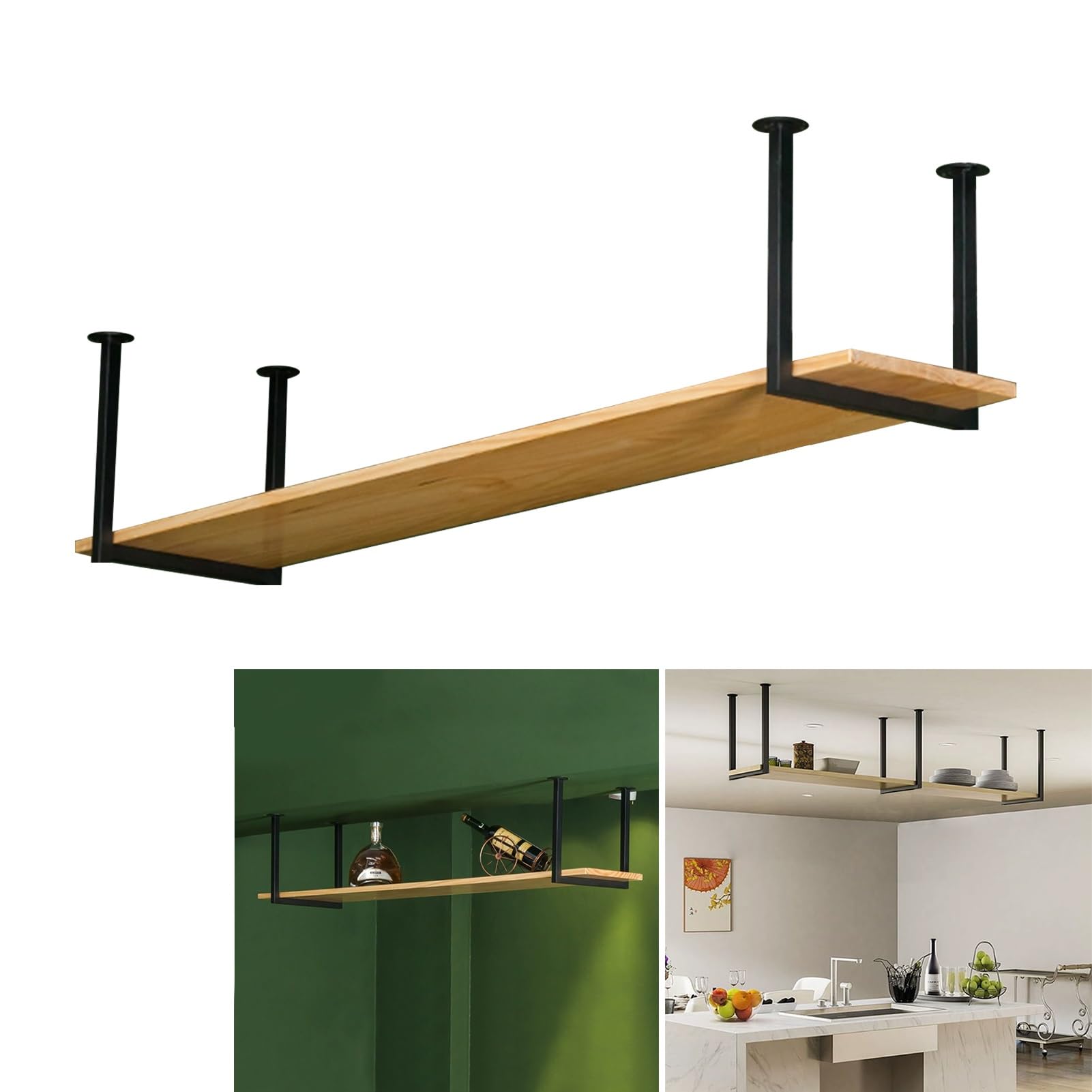 Deckenregal Schwebende Dekorationsregale, Deckenhängeregal aus Holz und schwarzem Metall Eisenrahmen Lagerregal, Wandmontage Weinglasregal für Küche, Wohnzimmer, Restaurant, Bar(120x30x40cm)