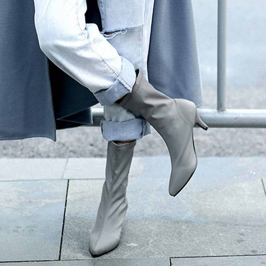KOKOMOMO Womens Stretch Mid Calf Boot Pointed Sock Kitten Heel Ankle Boots