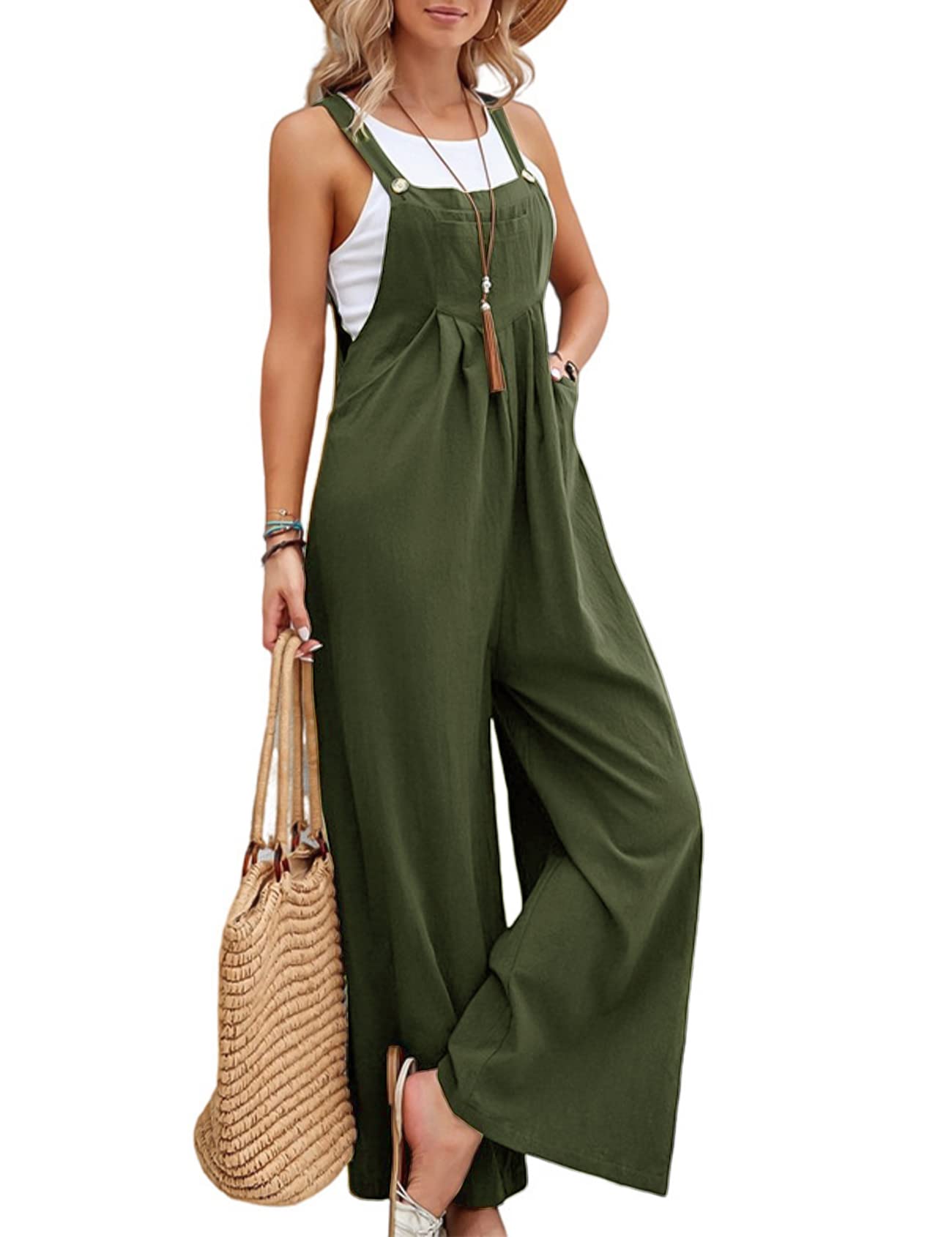 FlygoWomens Overalls Loose Fit Cotton Linen Bib Overall Wide Leg Jumpsuit Rompers with Pockets