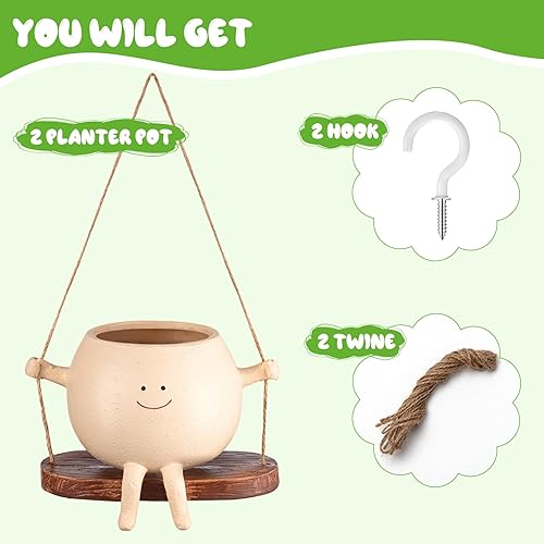 Miniatura 3 de Domensi 2 macetas de cara oscilante para colgar en la cabeza, bonitas macetas para plantas vivas para plantas vivas al aire libre e interior de