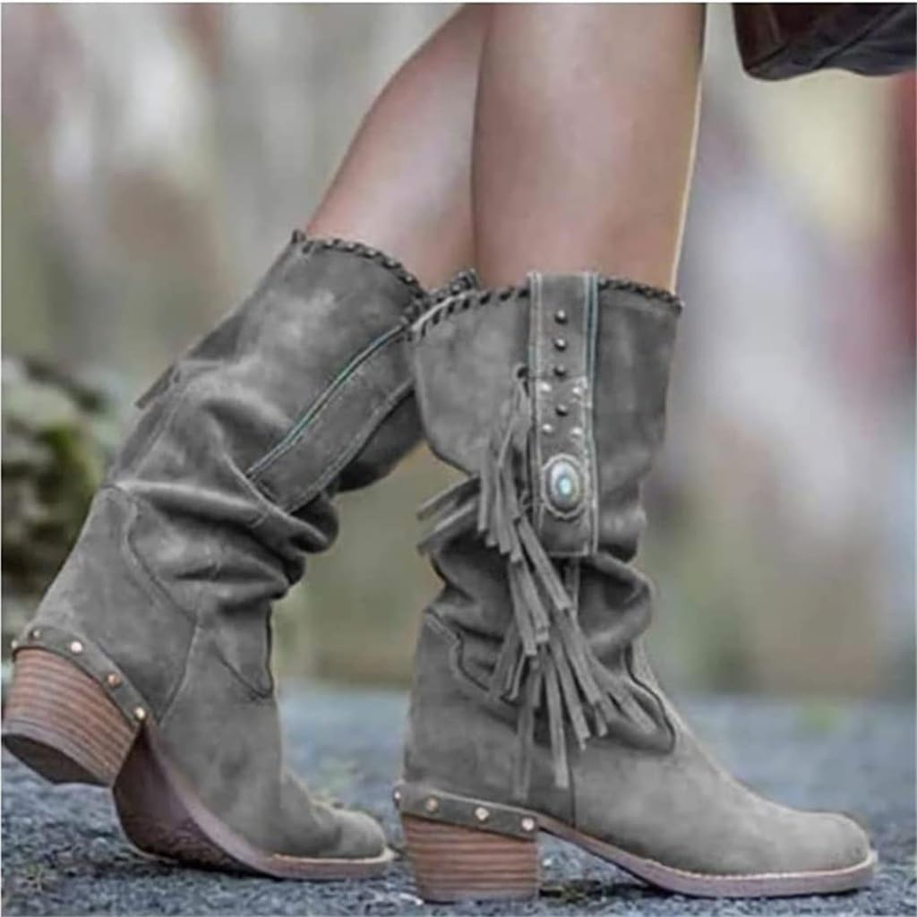 MEECHI Stivali da Cowboy Western con Pietre Stivaletti da Donna con Frange | Retrò Boots Casual Con Tacco Largo Stivaletti Slip-on Invernali Con Punta Tonda Scarpe Da Lavoro Antiscivolo