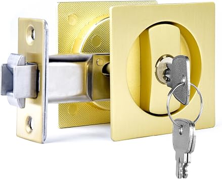 Dontay Pocket Door Lock with Key,Flush Recessed Hardware Kit,Gold,Square
