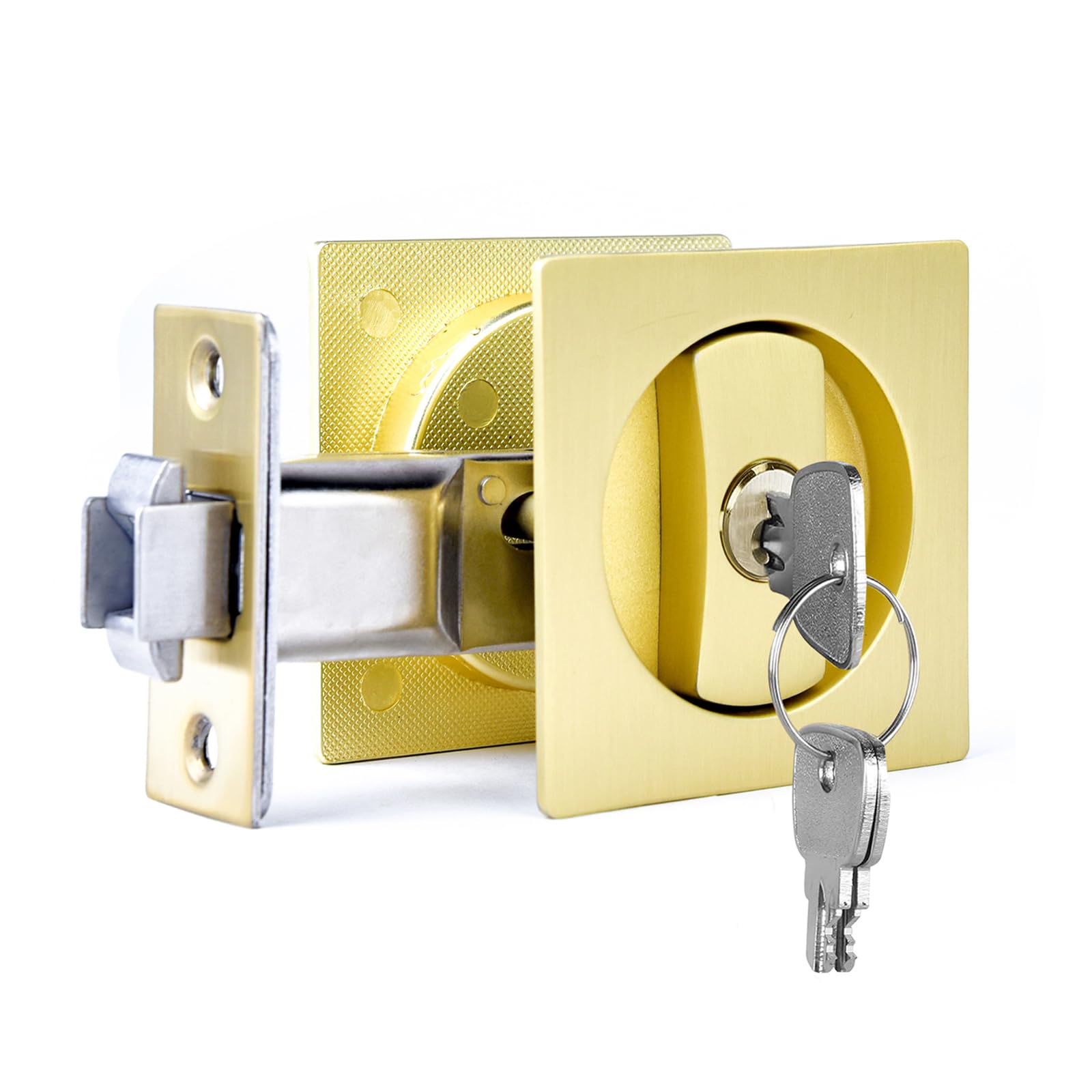 Dontay Pocket Door Lock with Key,Flush Recessed Hardware Kit,Gold,Square